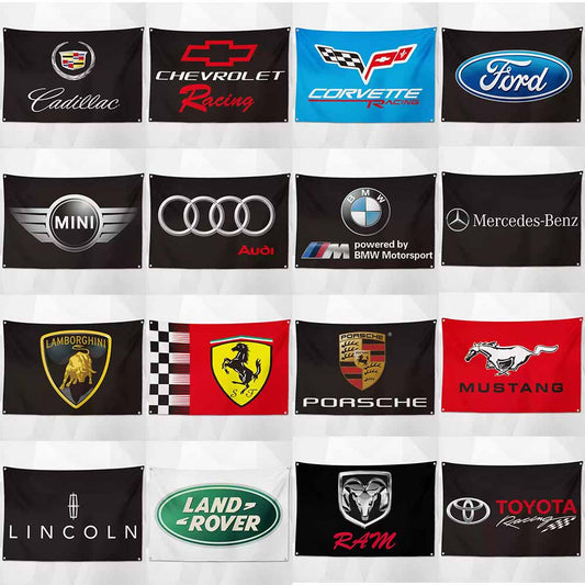 Car Brand Flags – High-Quality Shop Decor Featuring Popular Auto Brands