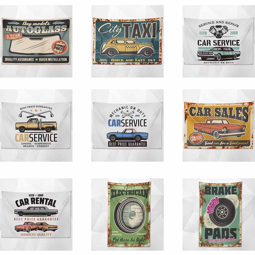 Retro Car Service Flags (Collection One)– Classic Garage & Shop Decor for a Professional Look